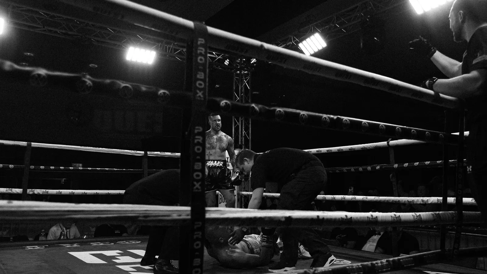 Fighter down on the canvas with referee, black and white